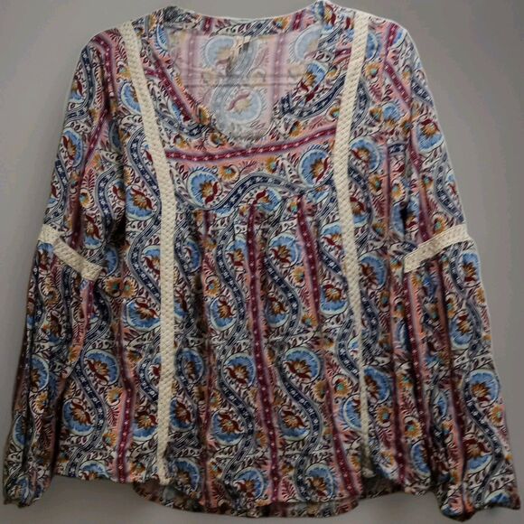 Red Camel Boho Tunic Top L Paisley Print Crochet Trim Long Sleeve Peasant Blouse - Picture 1 of 6